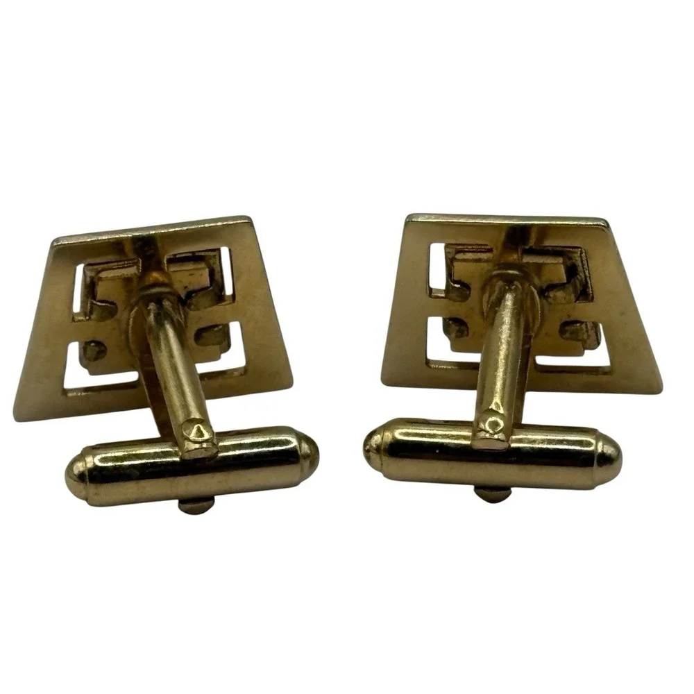 ANSON Cherry Red Lucite Cufflinks Tie Clip Bar Set Gold‎ Tone Open Frame Vintage